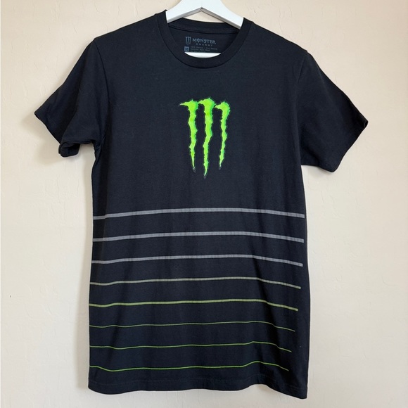 Monster Energy Men’s Medium Black Striped Logo Graphic Short Sleeve Shirt - Picture 1 of 6